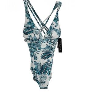 La Blanca One Piece Swimsuit Size 12 NWT Strappy Tropical Leaf Tummy Control